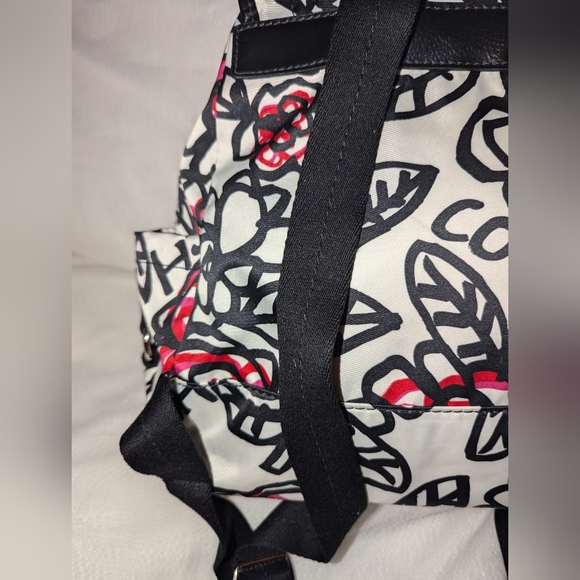 Coach Poppy Daisy Floral Graffiti Nylon Backpack Top Handle Black White Pink EUC - Picture 2 of 16